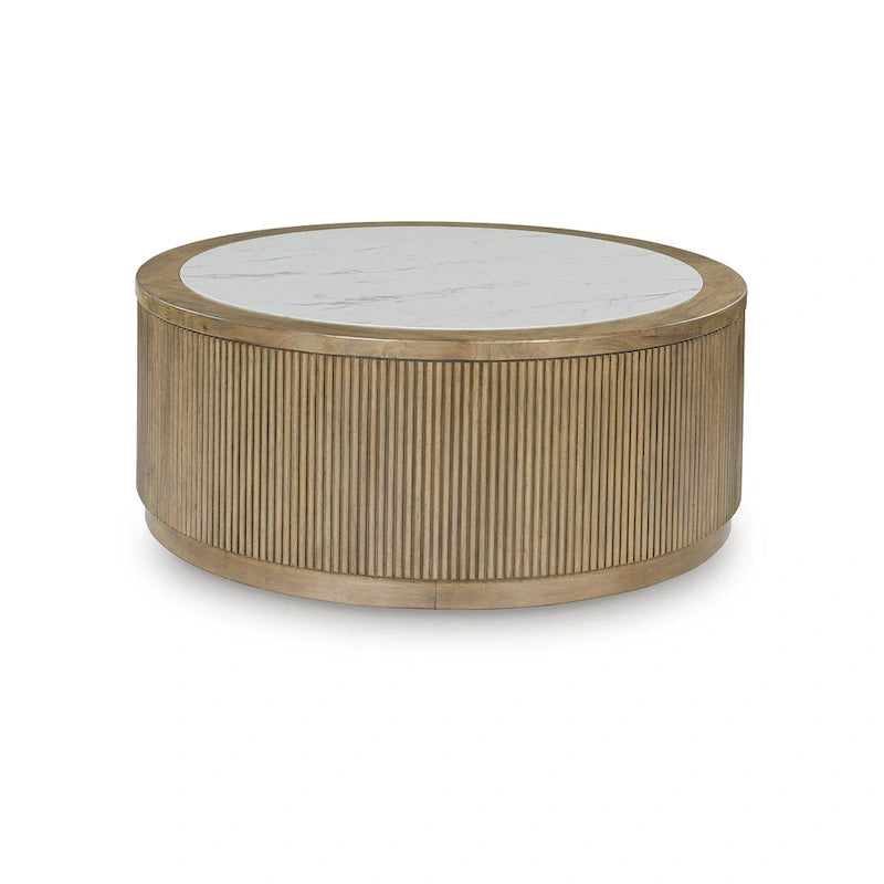 Table basse ronde marron clair/blanc avec roulettes, 1 à 2 personnes