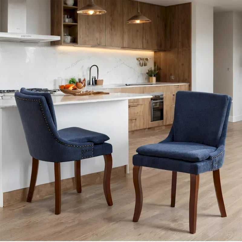 Chaise de salle à manger capitonnée en chenille beige / bleu / gris, lot de 2