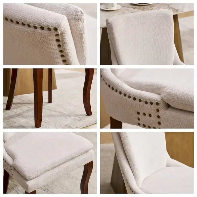 Chaise de salle à manger capitonnée en chenille beige / bleu / gris, lot de 2