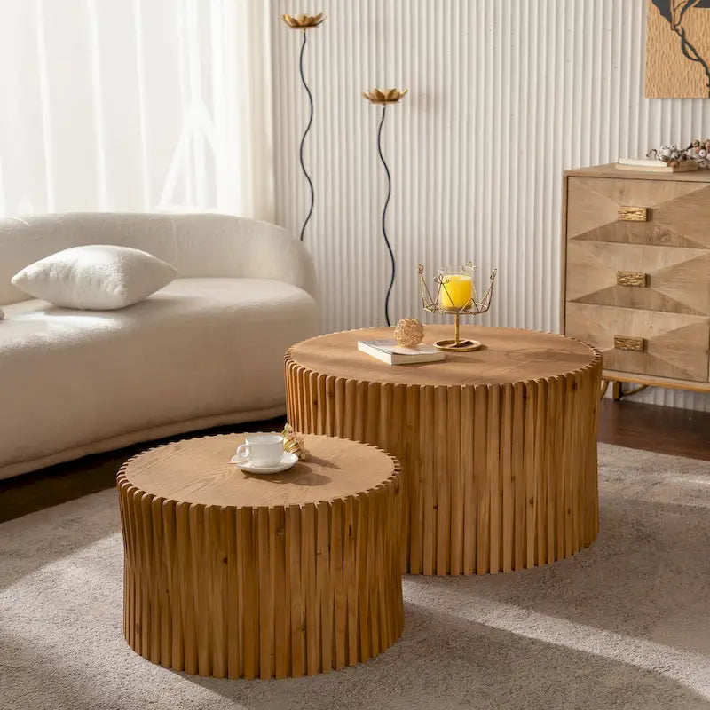 Tables basses gigognes cylindriques en bois naturel, relief gaufré, lot de 2