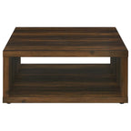 Table basse carrée marron foncé, design cube avec étagère ouverte, 91 cm