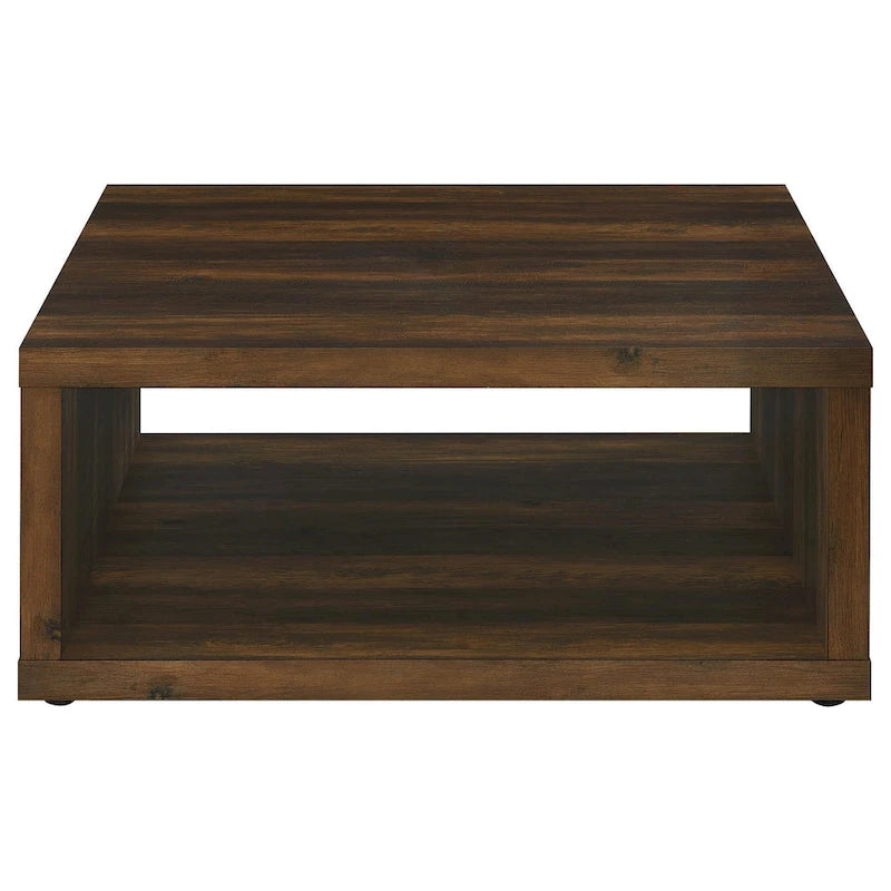 Table basse carrée marron foncé, design cube avec étagère ouverte, 91 cm