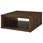 Table basse carrée marron foncé, design cube avec étagère ouverte, 91 cm
