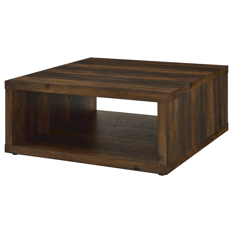 Table basse carrée marron foncé, design cube avec étagère ouverte, 91 cm