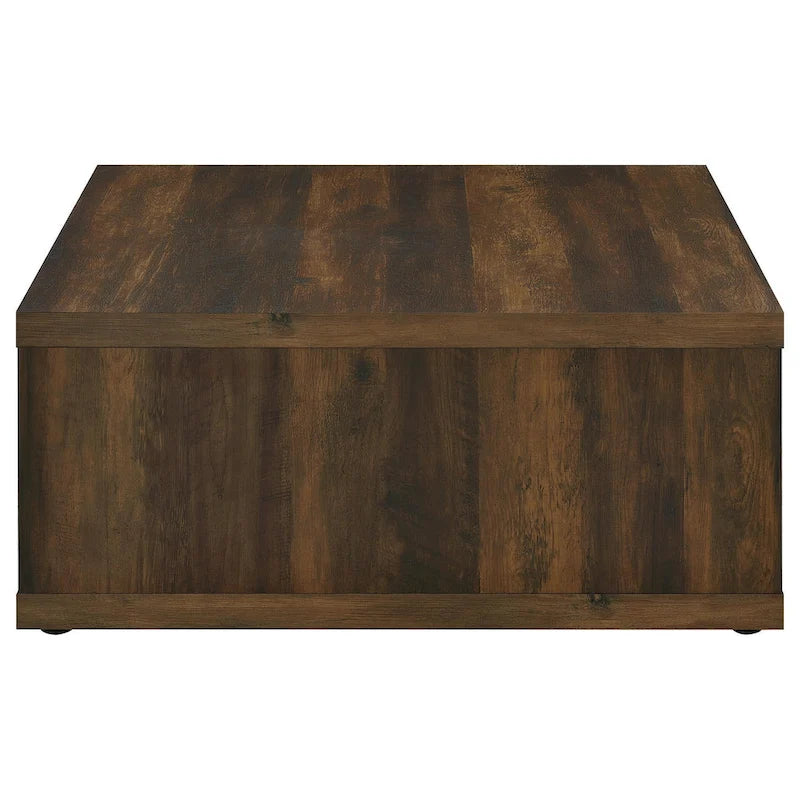 Table basse carrée marron foncé, design cube avec étagère ouverte, 91 cm