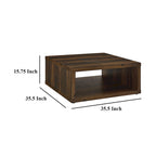 Table basse carrée marron foncé, design cube avec étagère ouverte, 91 cm