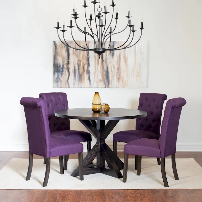 Ensemble de salle à manger rond 5 pièces, bleu/beige/noir/violet, chaises rembourrées à dossier haut, 4 places