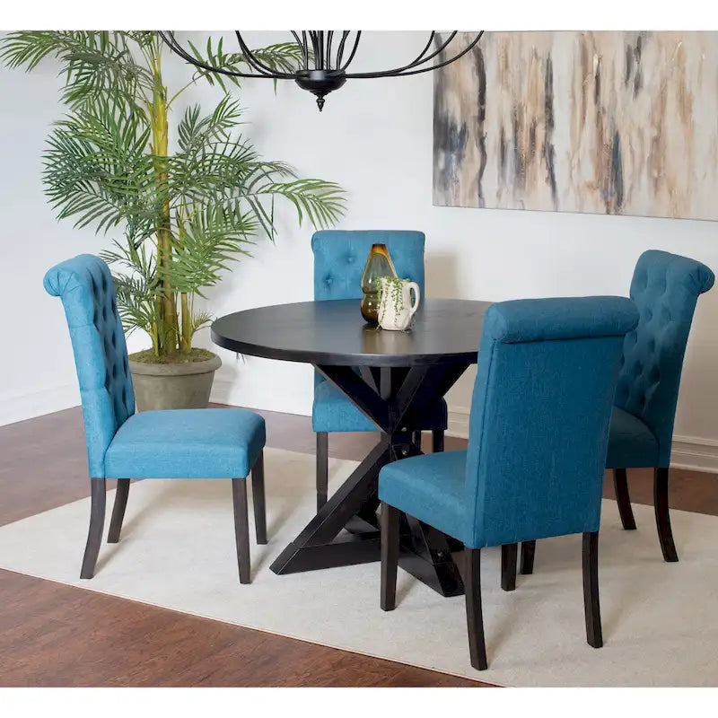 Ensemble de salle à manger rond 5 pièces, bleu/beige/noir/violet, chaises rembourrées à dossier haut, 4 places