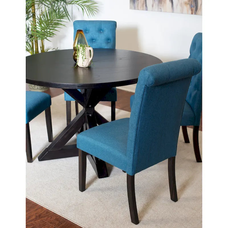 Ensemble de salle à manger rond 5 pièces, bleu/beige/noir/violet, chaises rembourrées à dossier haut, 4 places