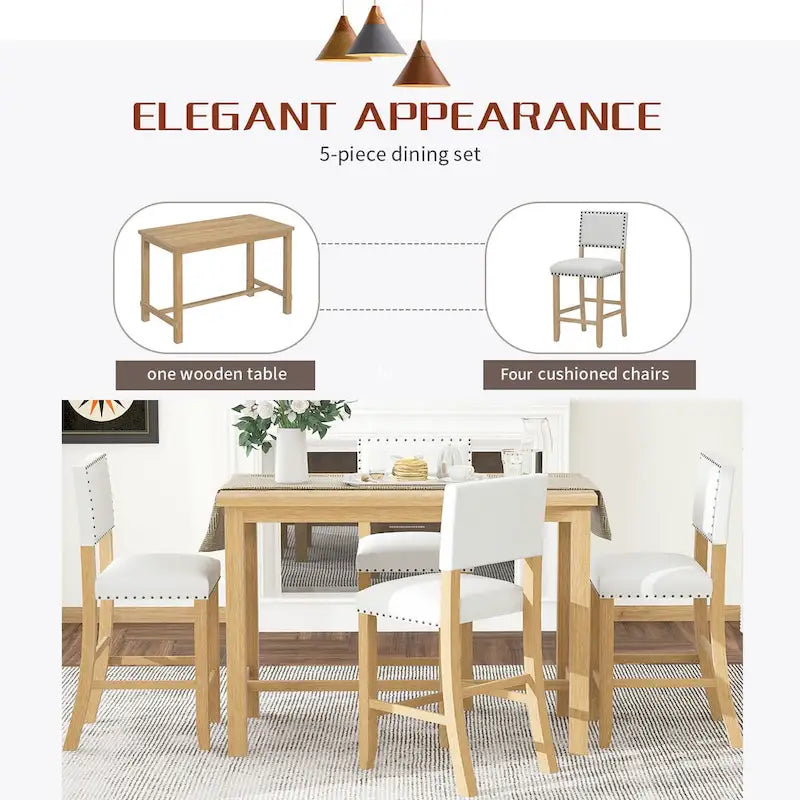 Ensemble de salle à manger hauteur comptoir 5 pièces en bois naturel (4 places)