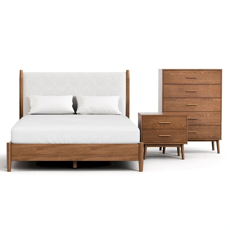 Ensemble de chambre 3 pièces en noyer et bouclé beige de style Mid-Century (Grand lit/Très grand lit, 1 à 2 places)