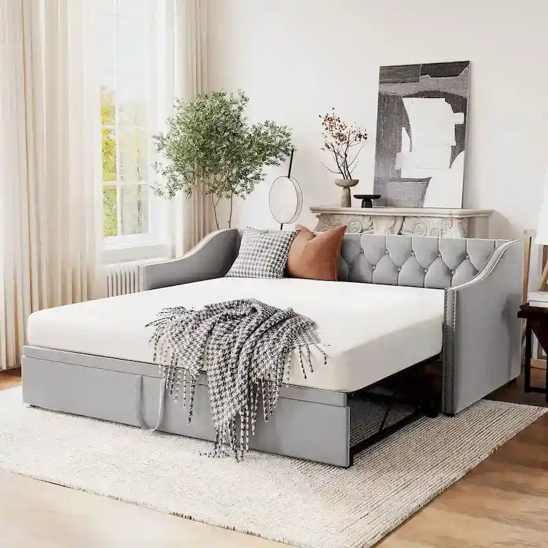 Lit de repos en velours gris/rose/beige avec lit gigogne escamotable, double à grand lit, 1 à 2 couchages