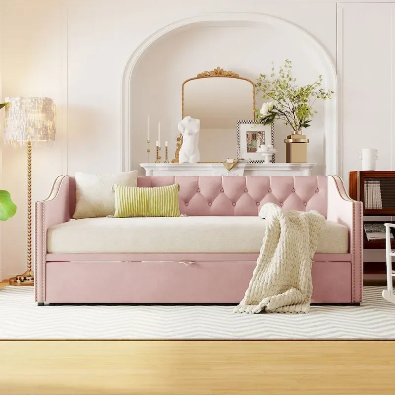 Lit de repos en velours gris/rose/beige avec lit gigogne escamotable, double à grand lit, 1 à 2 couchages