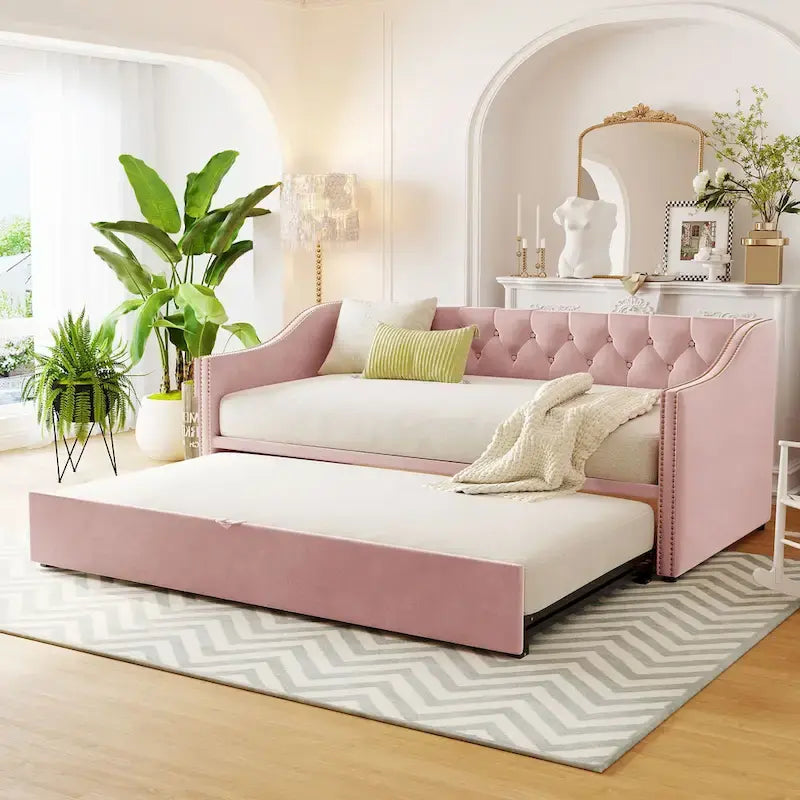 Lit de repos en velours gris/rose/beige avec lit gigogne escamotable, double à grand lit, 1 à 2 couchages