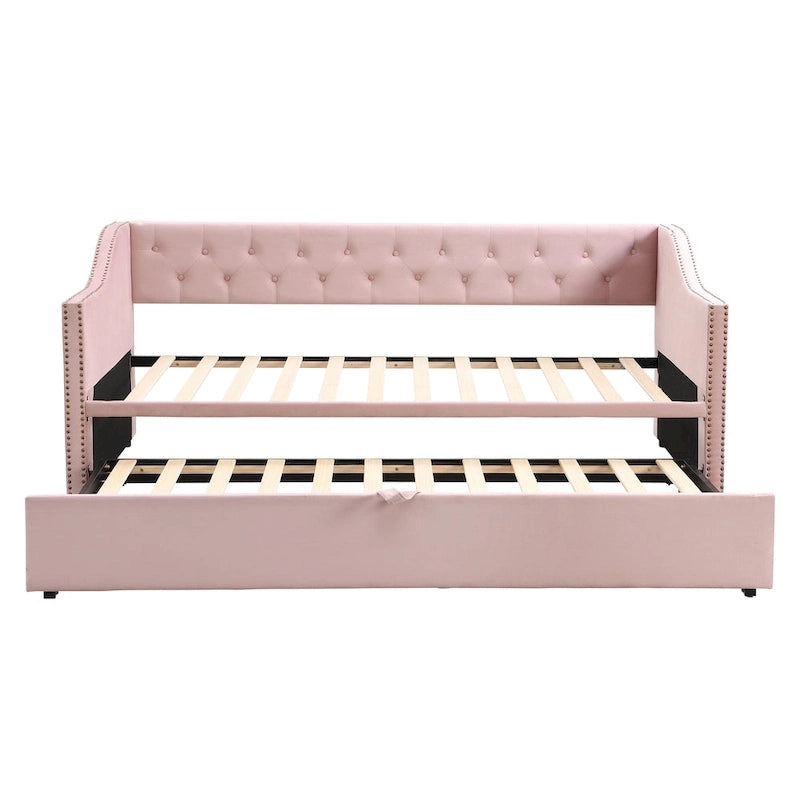 Lit de repos en velours gris/rose/beige avec lit gigogne escamotable, double à grand lit, 1 à 2 couchages