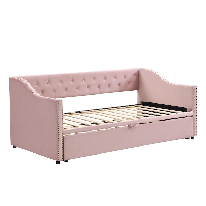 Lit de repos en velours gris/rose/beige avec lit gigogne escamotable, double à grand lit, 1 à 2 couchages