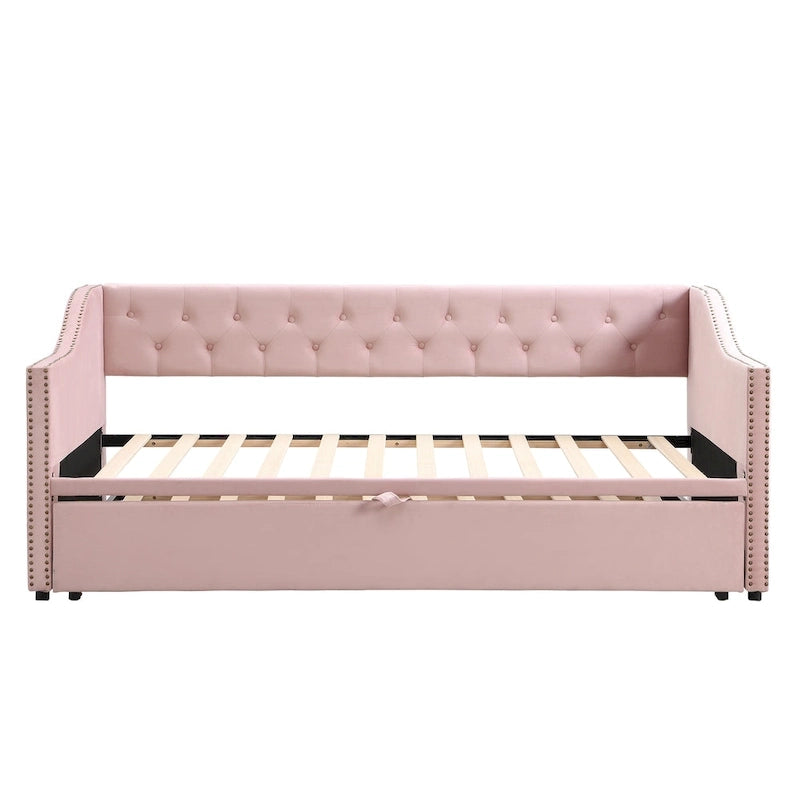 Lit de repos en velours gris/rose/beige avec lit gigogne escamotable, double à grand lit, 1 à 2 couchages