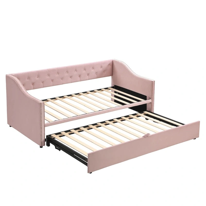 Lit de repos en velours gris/rose/beige avec lit gigogne escamotable, double à grand lit, 1 à 2 couchages