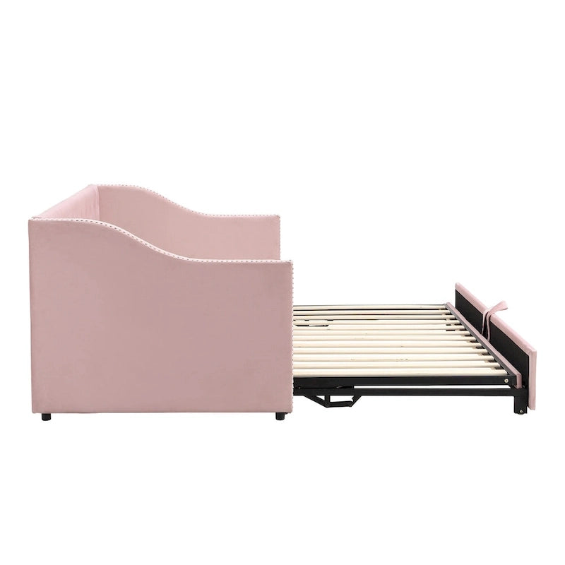 Lit de repos en velours gris/rose/beige avec lit gigogne escamotable, double à grand lit, 1 à 2 couchages