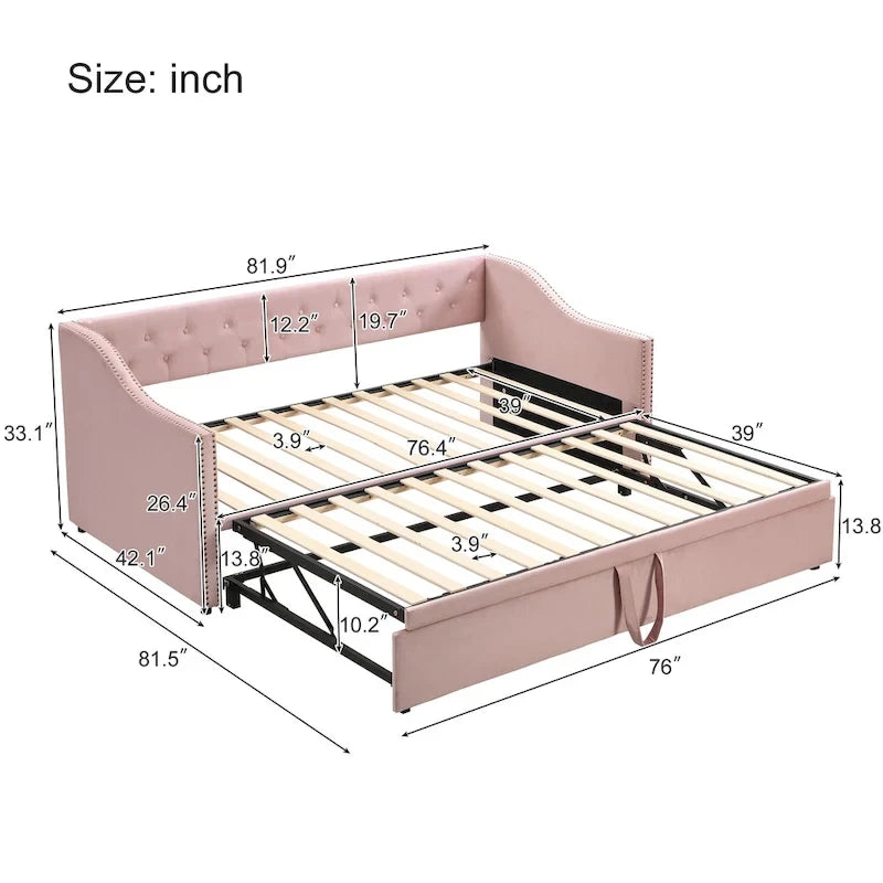 Lit de repos en velours gris/rose/beige avec lit gigogne escamotable, double à grand lit, 1 à 2 couchages