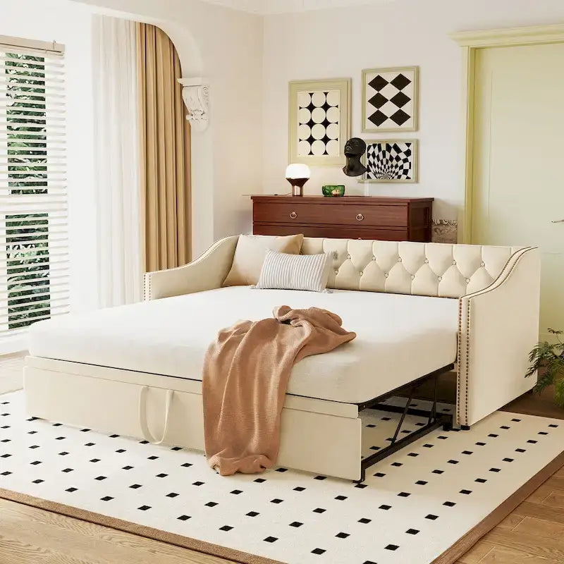 Lit de repos en velours gris/rose/beige avec lit gigogne escamotable, double à grand lit, 1 à 2 couchages