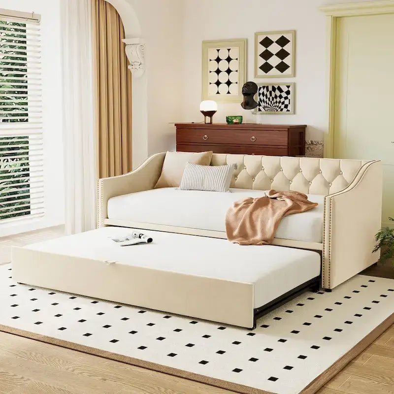 Lit de repos en velours gris/rose/beige avec lit gigogne escamotable, double à grand lit, 1 à 2 couchages