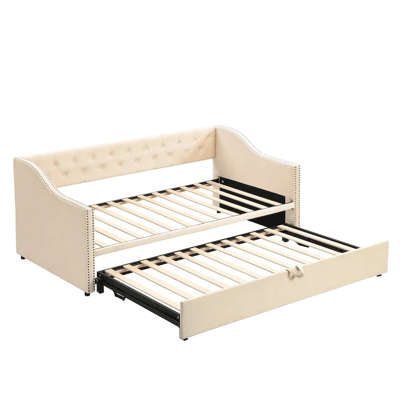 Lit de repos en velours gris/rose/beige avec lit gigogne escamotable, double à grand lit, 1 à 2 couchages