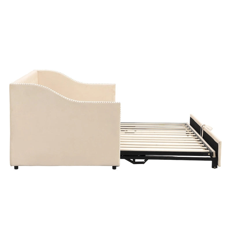 Lit de repos en velours gris/rose/beige avec lit gigogne escamotable, double à grand lit, 1 à 2 couchages