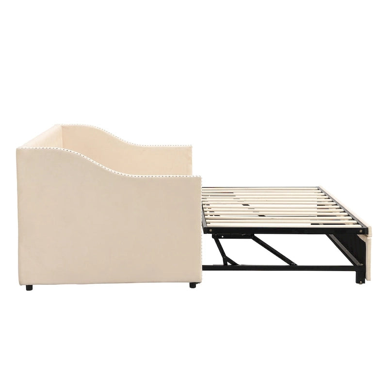 Lit de repos en velours gris/rose/beige avec lit gigogne escamotable, double à grand lit, 1 à 2 couchages