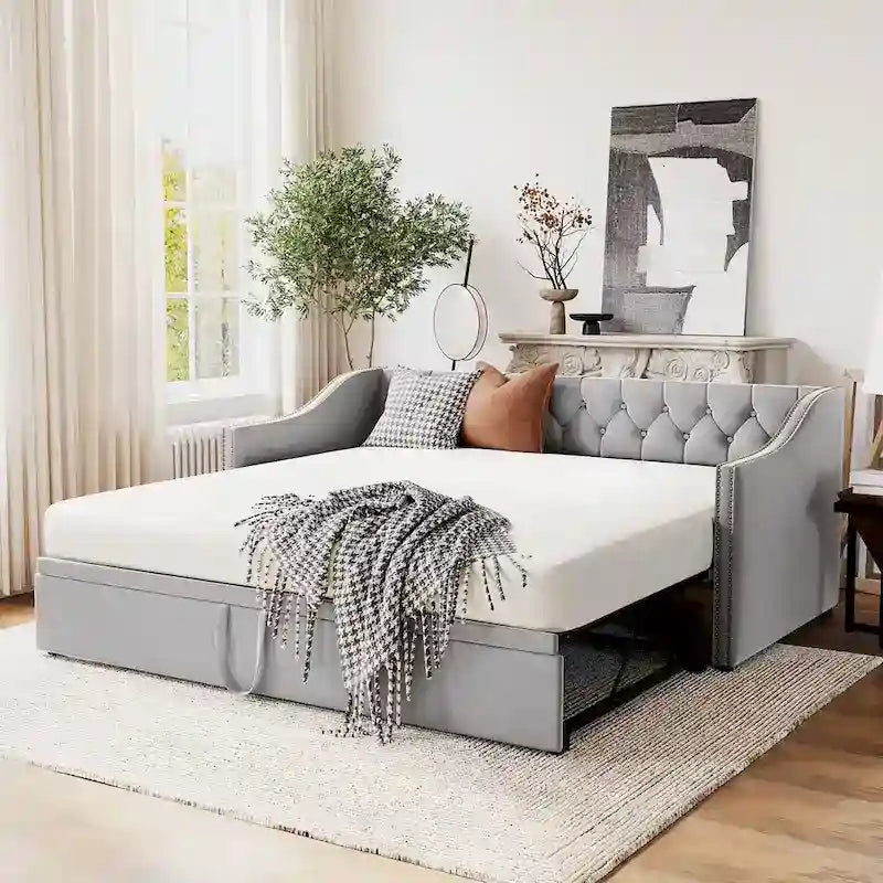 Lit de repos en velours gris/rose/beige avec lit gigogne escamotable, double à grand lit, 1 à 2 couchages