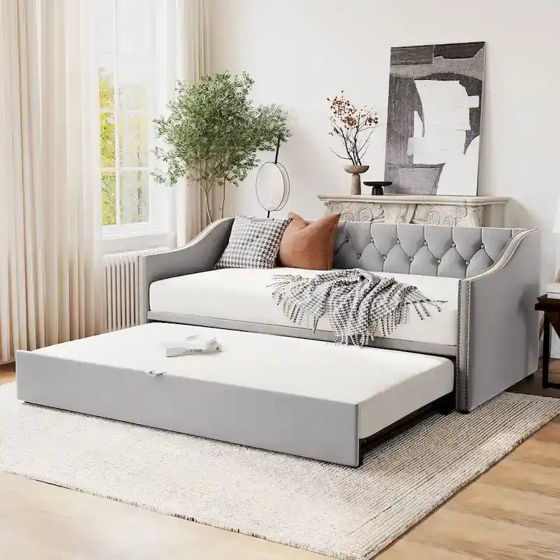 Lit de repos en velours gris/rose/beige avec lit gigogne escamotable, double à grand lit, 1 à 2 couchages