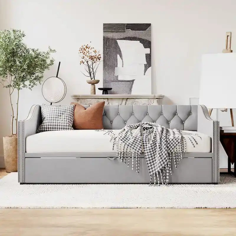 Lit de repos en velours gris/rose/beige avec lit gigogne escamotable, double à grand lit, 1 à 2 couchages
