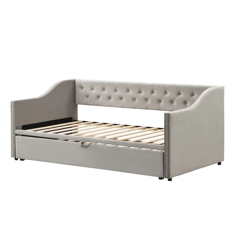 Lit de repos en velours gris/rose/beige avec lit gigogne escamotable, double à grand lit, 1 à 2 couchages