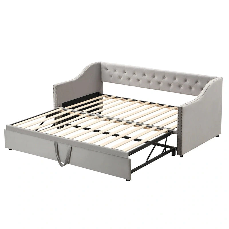 Lit de repos en velours gris/rose/beige avec lit gigogne escamotable, double à grand lit, 1 à 2 couchages