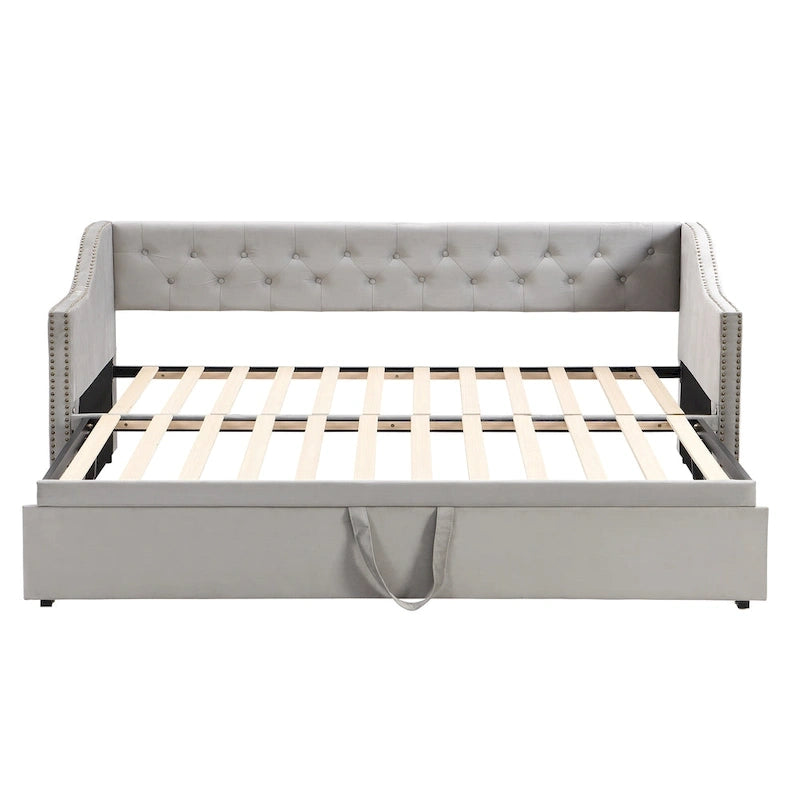 Lit de repos en velours gris/rose/beige avec lit gigogne escamotable, double à grand lit, 1 à 2 couchages