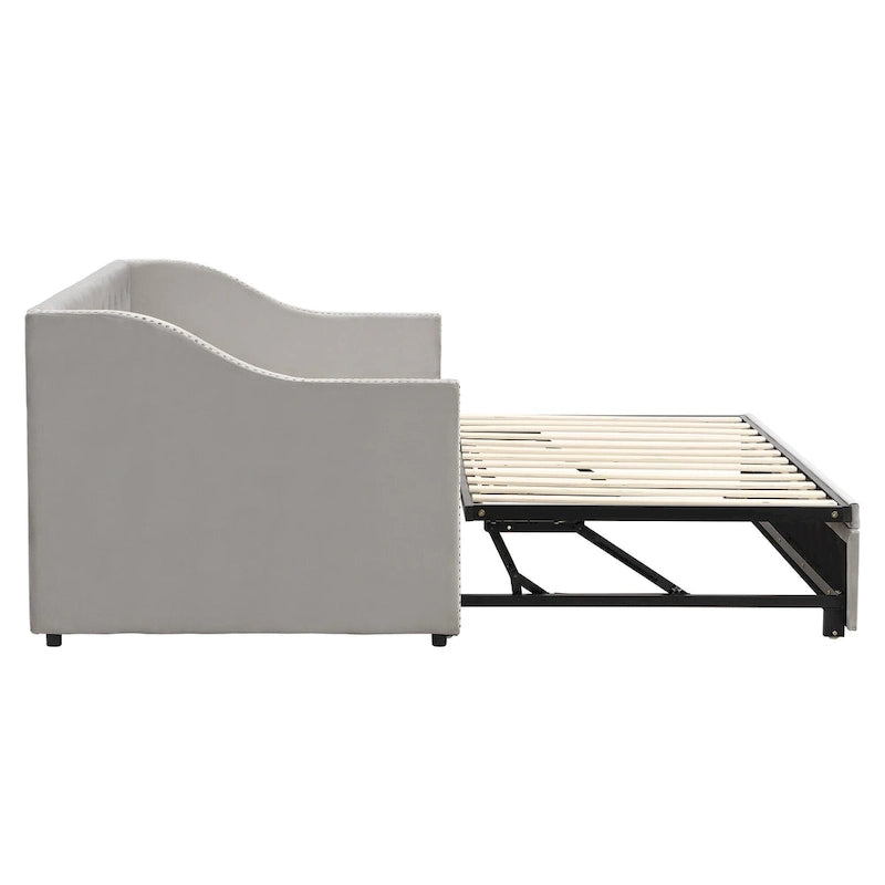 Lit de repos en velours gris/rose/beige avec lit gigogne escamotable, double à grand lit, 1 à 2 couchages