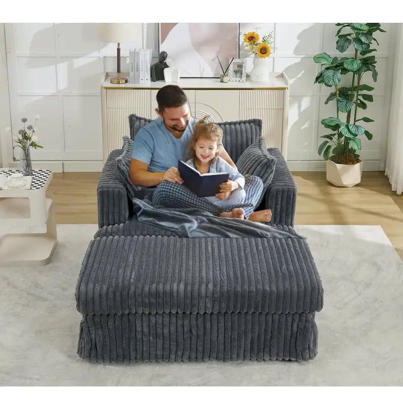 Causeuse en velours côtelé gris foncé / beige / gris clair avec pouf et oreillers, 1 place