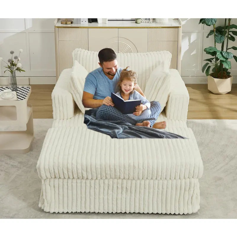 Causeuse en velours côtelé gris foncé / beige / gris clair avec pouf et oreillers, 1 place