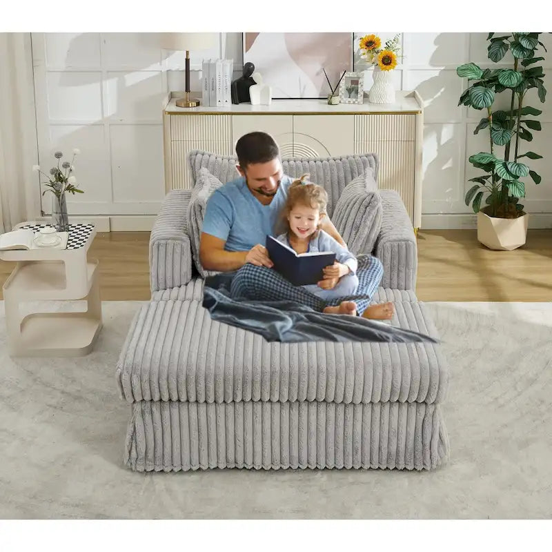 Causeuse en velours côtelé gris foncé / beige / gris clair avec pouf et oreillers, 1 place