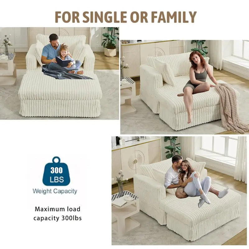 Causeuse en velours côtelé gris foncé / beige / gris clair avec pouf et oreillers, 1 place