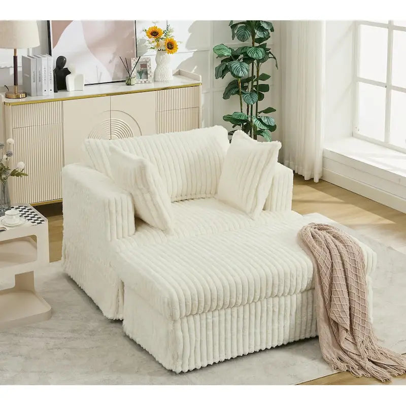 Causeuse en velours côtelé gris foncé / beige / gris clair avec pouf et oreillers, 1 place