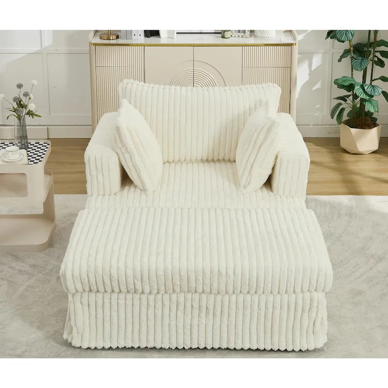 Causeuse en velours côtelé gris foncé / beige / gris clair avec pouf et oreillers, 1 place