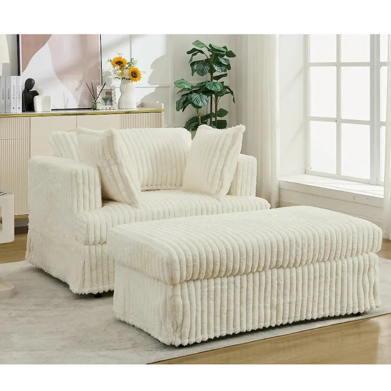Causeuse en velours côtelé gris foncé / beige / gris clair avec pouf et oreillers, 1 place