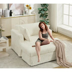 Causeuse en velours côtelé gris foncé / beige / gris clair avec pouf et oreillers, 1 place
