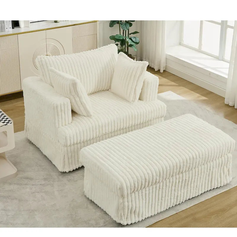Causeuse en velours côtelé gris foncé / beige / gris clair avec pouf et oreillers, 1 place