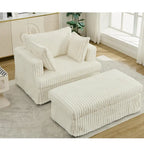Causeuse en velours côtelé gris foncé / beige / gris clair avec pouf et oreillers, 1 place