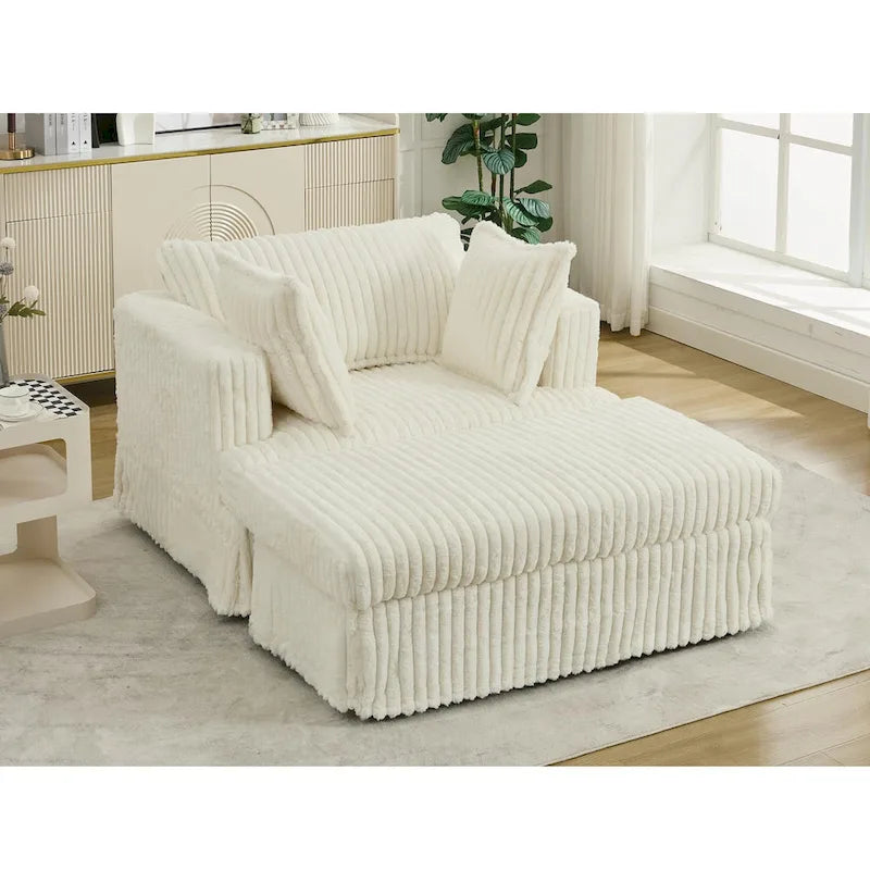 Causeuse en velours côtelé gris foncé / beige / gris clair avec pouf et oreillers, 1 place