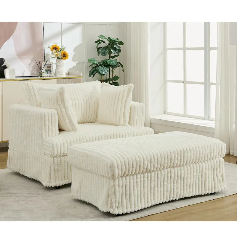 Causeuse en velours côtelé gris foncé / beige / gris clair avec pouf et oreillers, 1 place