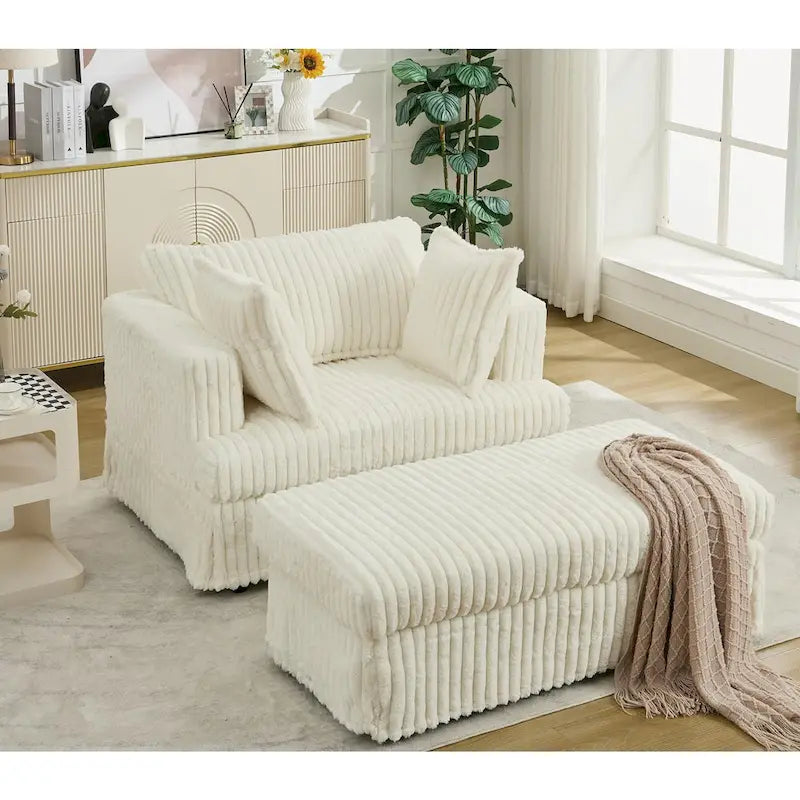 Causeuse en velours côtelé gris foncé / beige / gris clair avec pouf et oreillers, 1 place