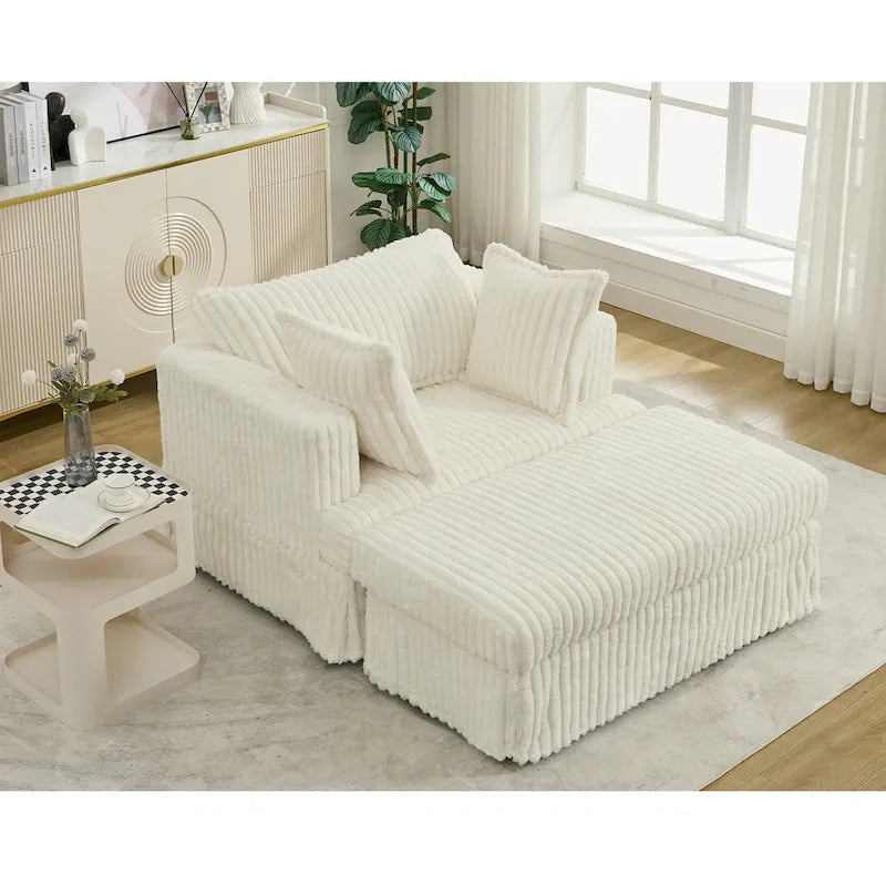 Causeuse en velours côtelé gris foncé / beige / gris clair avec pouf et oreillers, 1 place